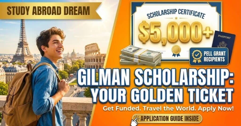 Featured image for Gilman Scholarship application guide, highlighting the $5000 plus award amount for studying abroad.